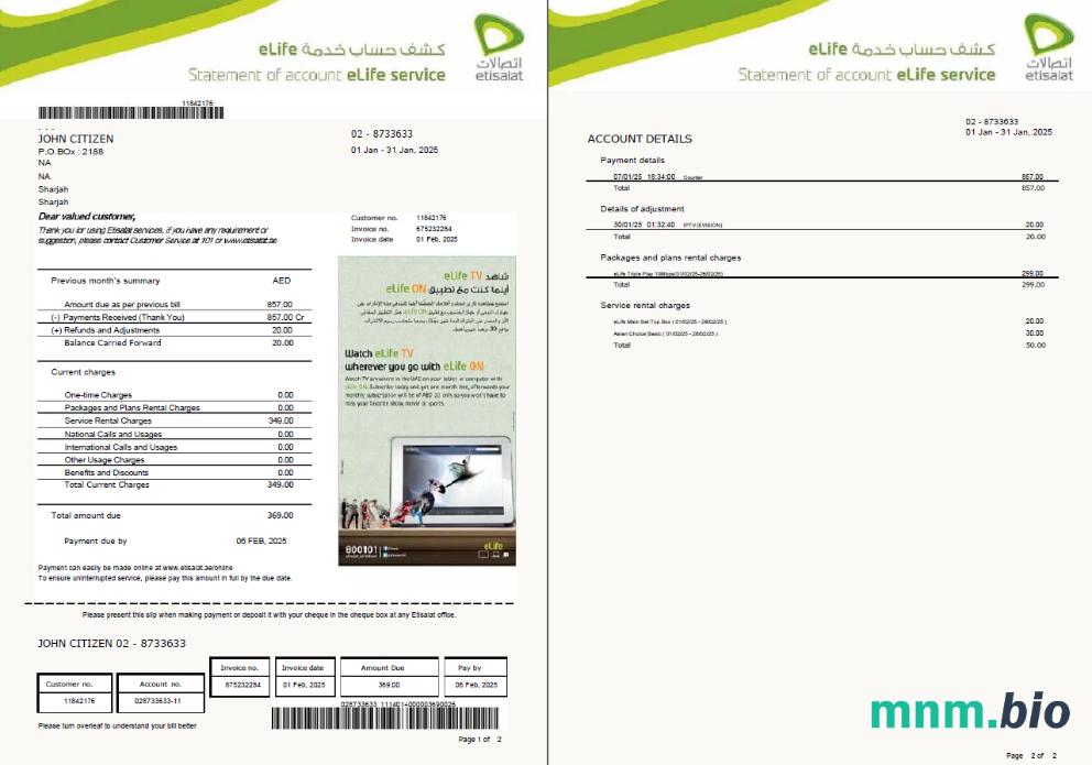 Szablon rachunku za media ZEA Etisalat w formatach Word i PDF, 2 strony, Wersja 2